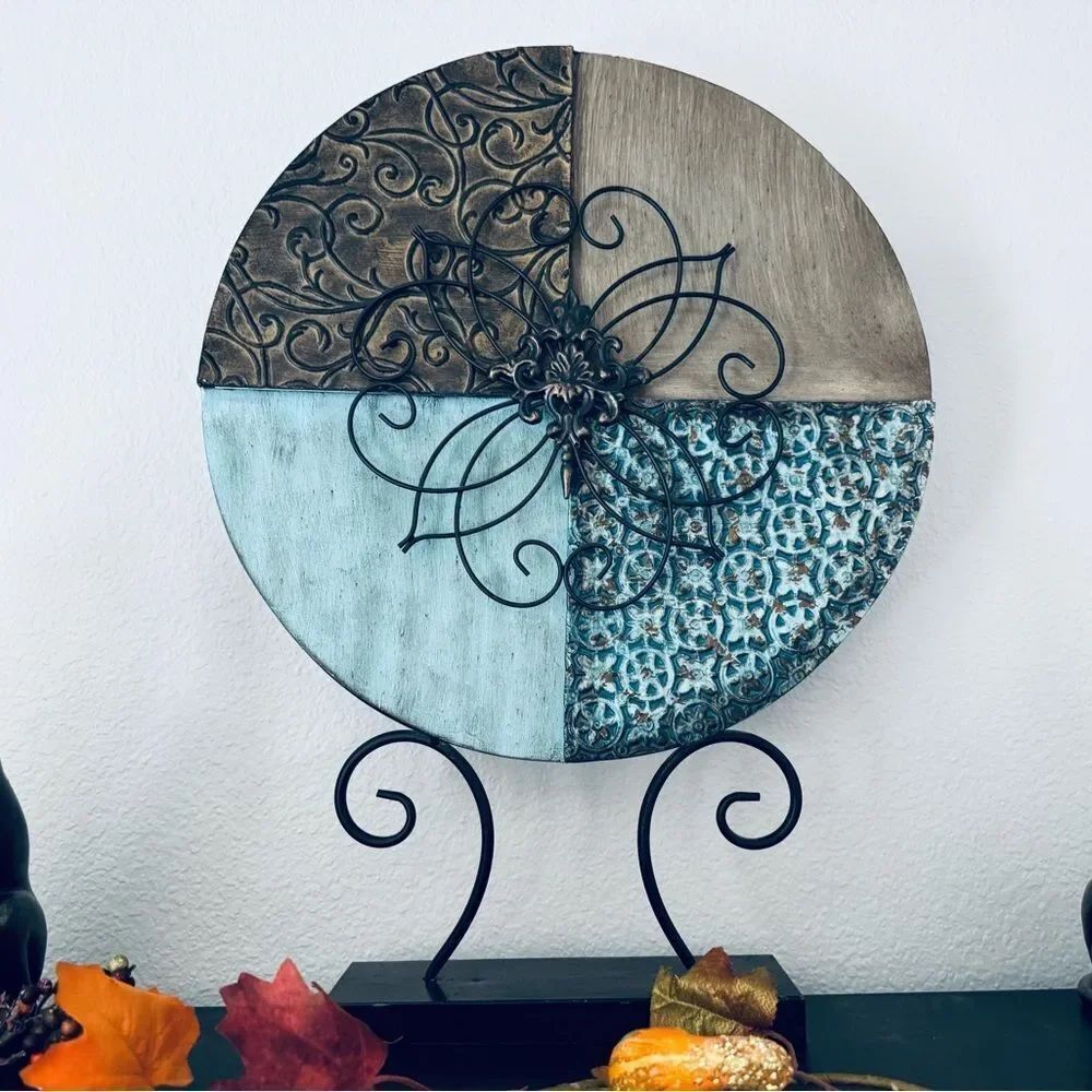 Large Metal Blue Brown Medallion Stand Decor